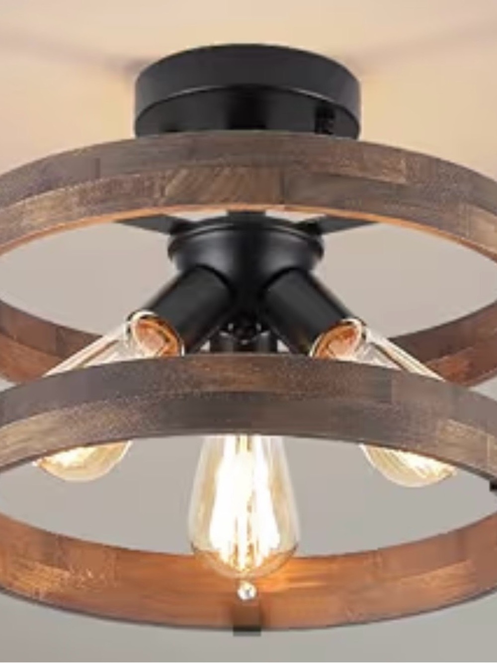 3-Light Rustic Farmhouse Semi Flush Mount Ceiling Light Wood Black New